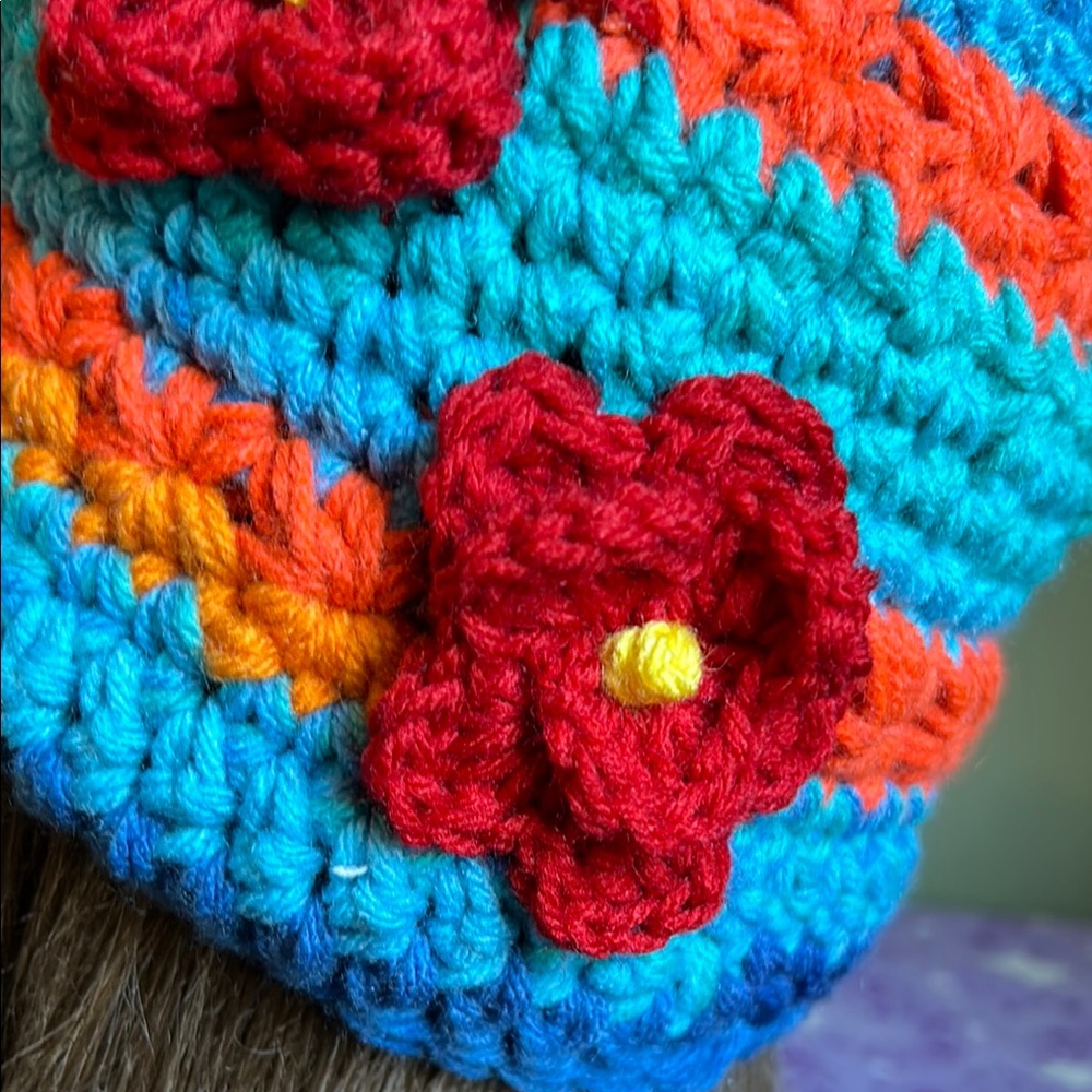 Handmade Colorful Crochet Beanie with heart Accent medium acrylic soft - Picture 3 of 11